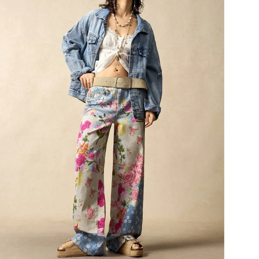 Boho Floral Print Wide leg Denim Jeans